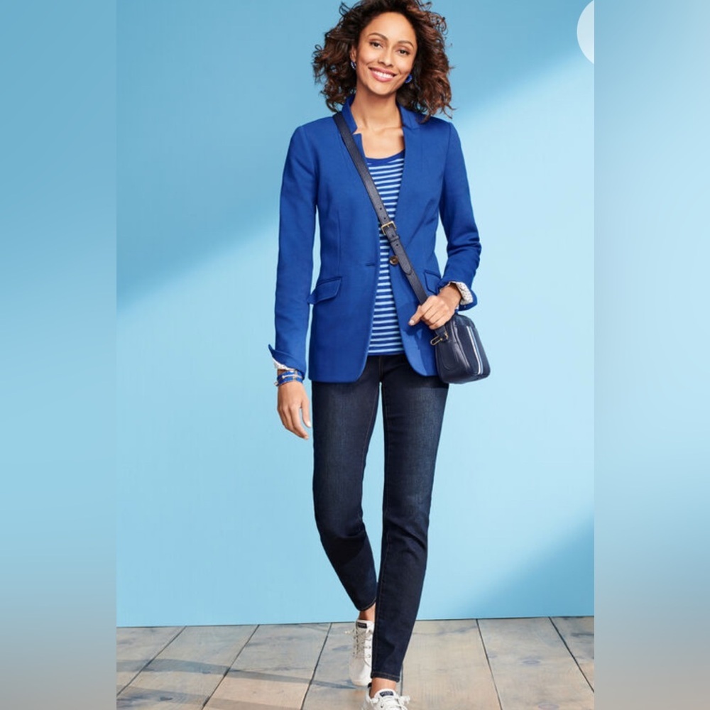 Talbots‎ Easy Knit Twill Casual Career Blazer Blue Cotton Nylon Women's 10 EUC